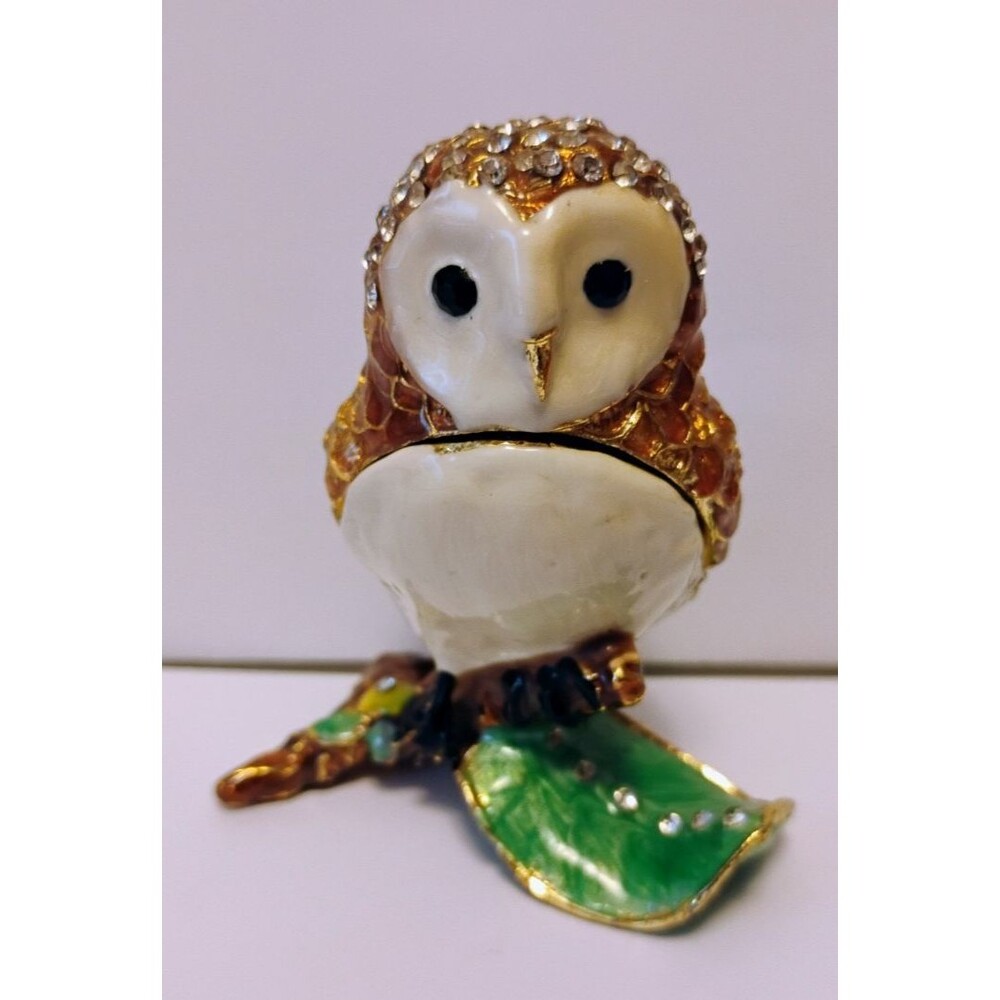Vintage Bejeweled Enameled Barn Owl Hinged Trinket Box Rhinestone Magnetic Metal
